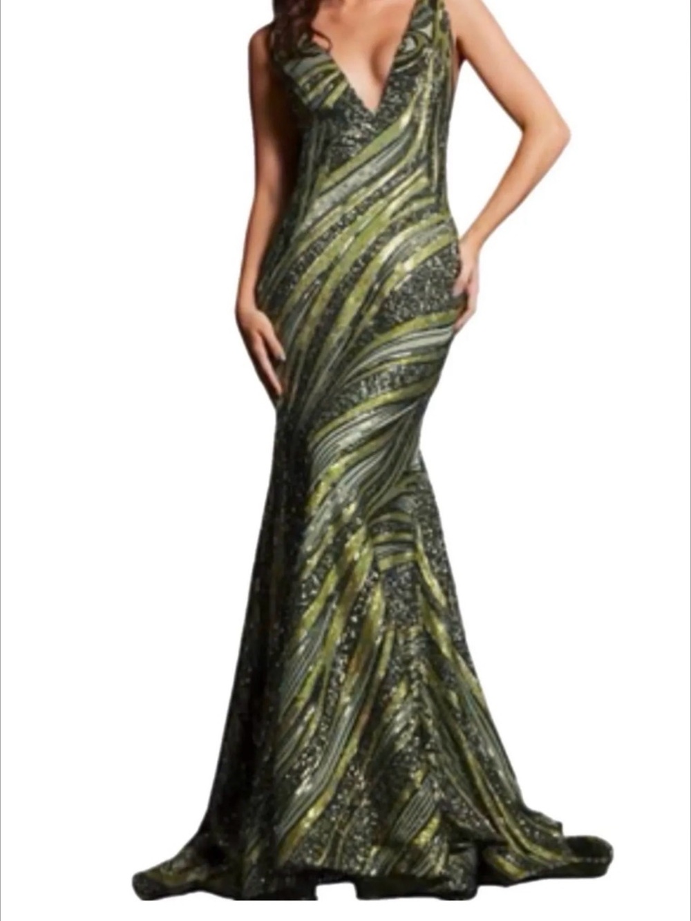 NWT Very Rare Jovani Olive/Lime Green Sequin Deep V-Neck Mermaid Gown Size 14 - Picture 4 of 11